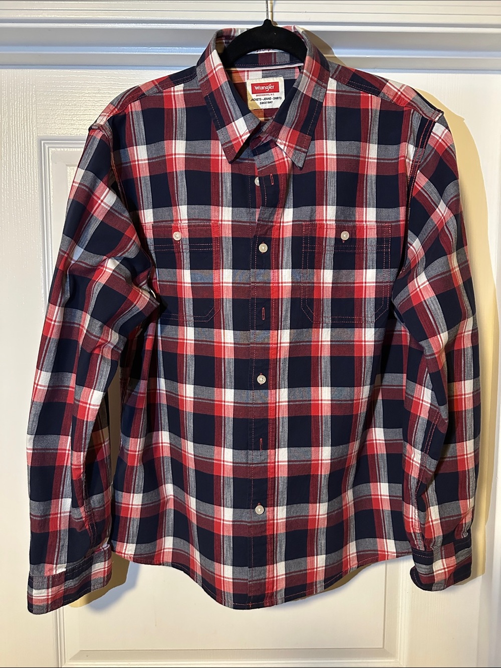 Wrangler Blue, Red, and White Button-Up Shirt
